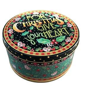 90s decorative Christmas tin- cottage core style- rustic- hearts holly- holiday